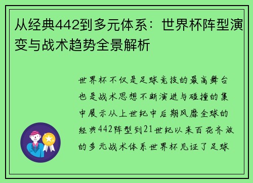 从经典442到多元体系:世界杯阵型演变与战术趋势全景解析 从经典442到多元体系:世界杯阵型演变与战术趋势全景解析
