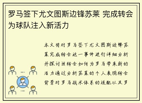罗马签下尤文图斯边锋苏莱 完成转会为球队注入新活力